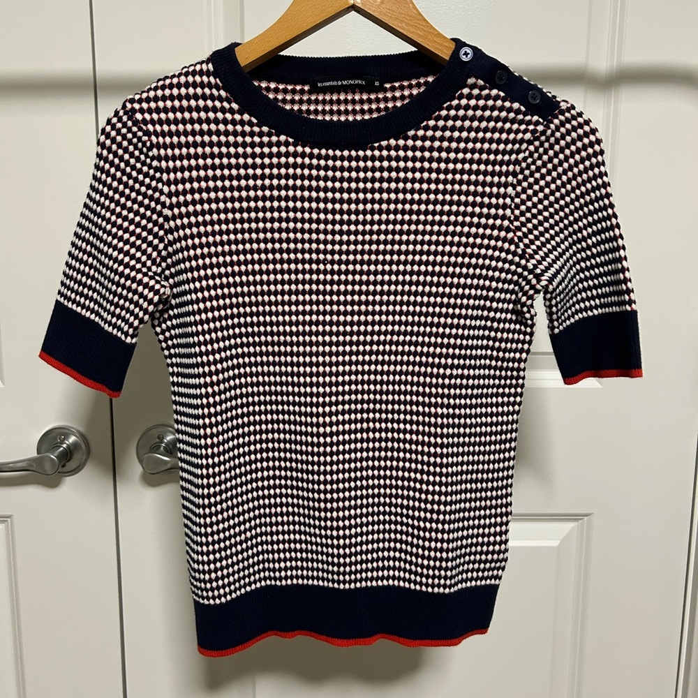Monoprix - Navy, Red and White Patterned Knit Short Sleeve Top